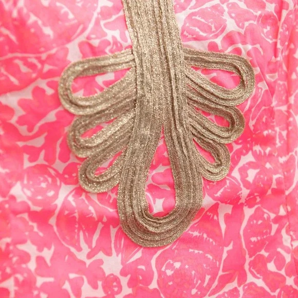 Lilly Pulitzer Shift Dress Sz 4 Hot Pink White Gold Summer Tropical Resortwear - Picture 3 of 5